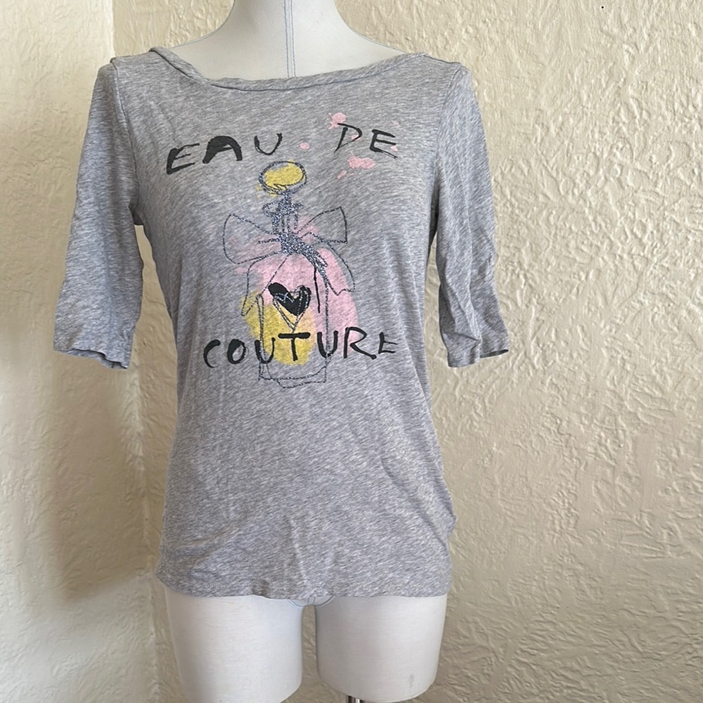 Juicy Couture Eau De Couture Gray Black Glitter Scoop Back Gold Heart Shirt y2k